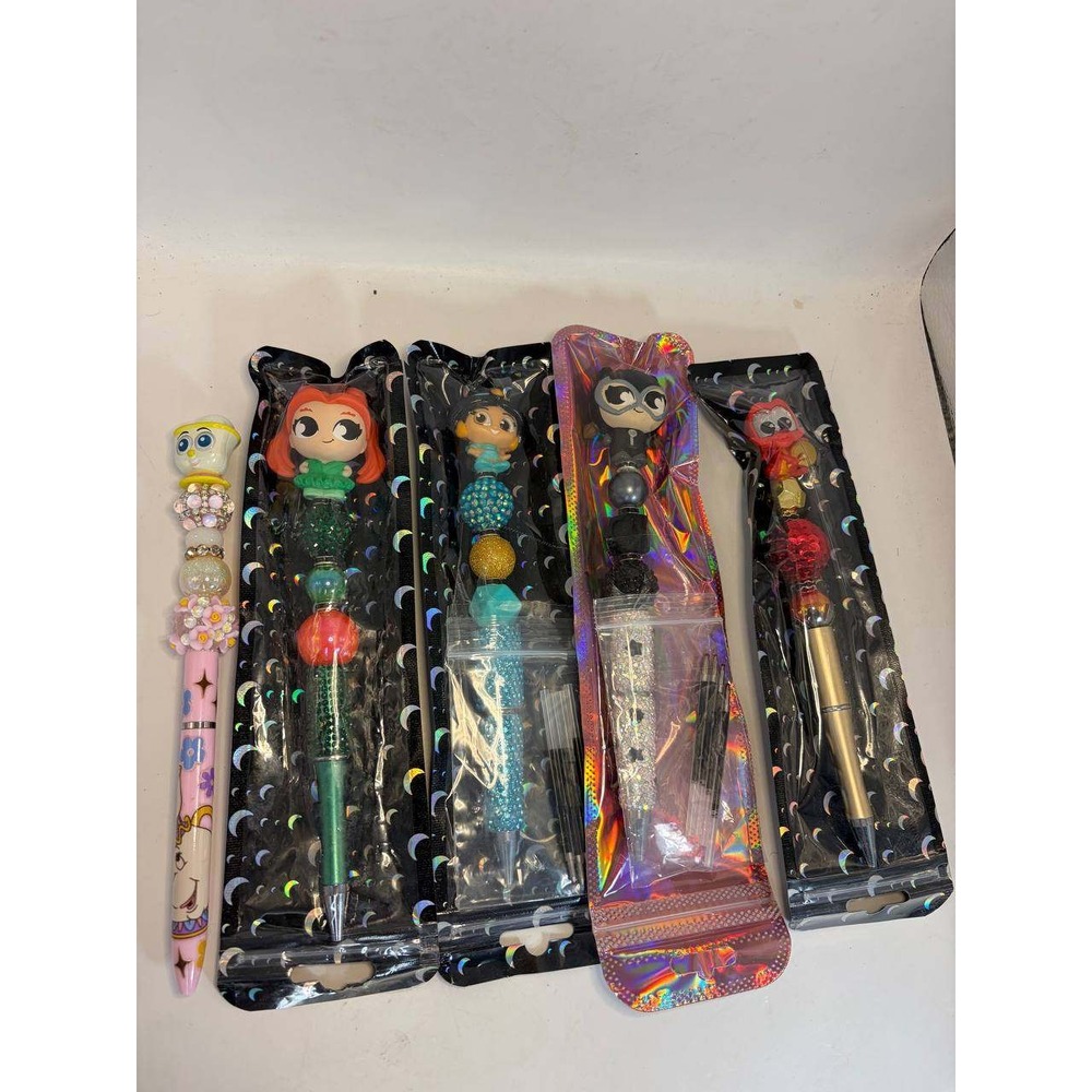 5pc Handmade Beaded Character Pens Ariel Jasmine Mushu Catwoman Chip Set